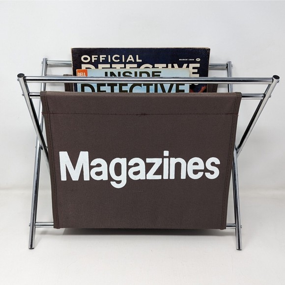 Vtg Folding Magazine Book Rack Brown Canvas Fabric Chrome Spell Out 1970s MCM